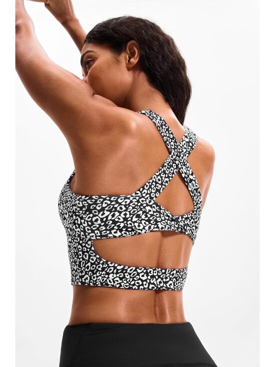 👑 Women's White Leopard Sports Bra Longline Wirefree Padded Medium Cropped Tops - Picture 4 of 6